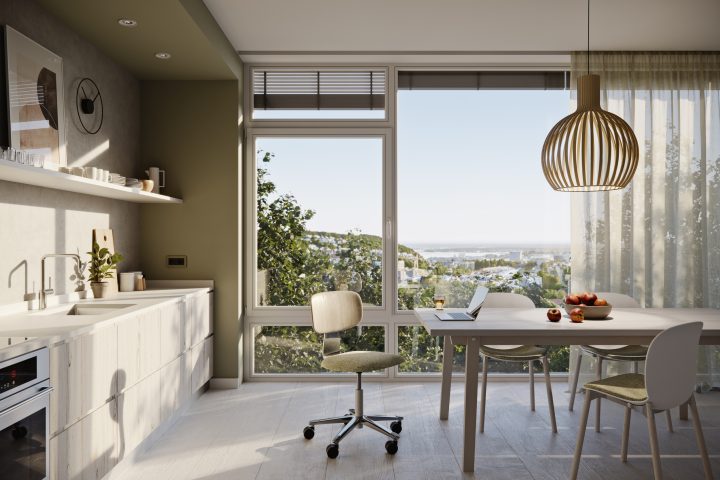 3D-rendering kitchen with HÅG Tion 2200 in wood and polished